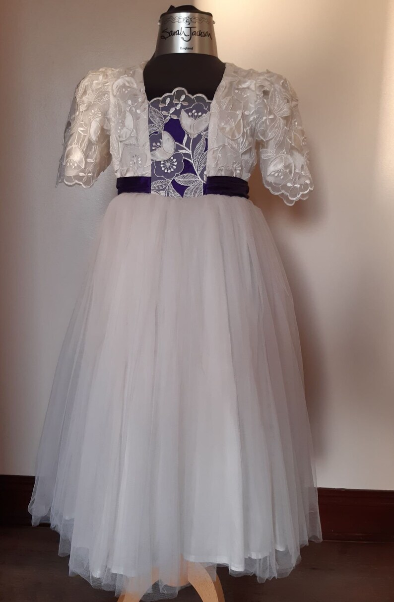 Tulle Party White Lace Bridesmaid Dress with Purple Trim Age 6