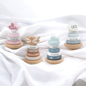 Personalized ring tower/stacking tower gift for baptism, birth or birthday birth dates wooden toy