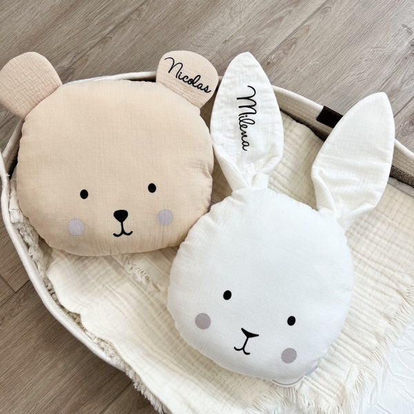 Personalisiertes Musselin Kissen Hase & Bär - Geschenk zur Geburt - Geschenk Baby/Kind