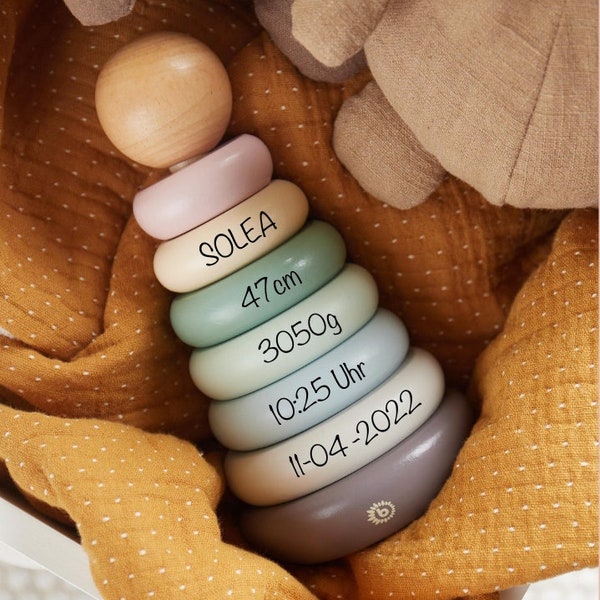 Personalisierter Ring-/Stapelturm mit Geburtsdaten Geschenk zur Geburt Baby Taufe