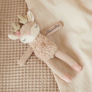 Small cuddly toy with rattle deer Ella gripping toy personalized gift for the birth of a baby