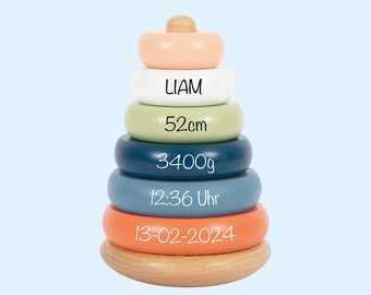 Personalized ring tower/stacking tower gift for baptism, birth or birthday birth dates wooden toy