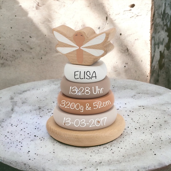 Personalized ring tower/stack tower gift for christening, birth or birthday birth dates wooden toys
