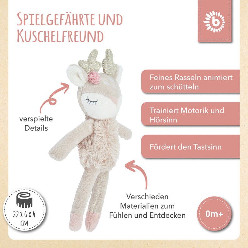 Kleines Kuscheltier mit Rassel Reh Ella Greifling Personalisiert Geschenk zur Geburt Baby Bild 4