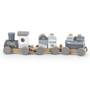 Personalized wooden train - birth gift - gift with dates of birth - railway with building blocks