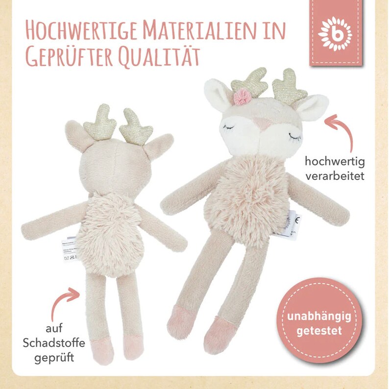 Kleines Kuscheltier mit Rassel Reh Ella Greifling Personalisiert Geschenk zur Geburt Baby Bild 7