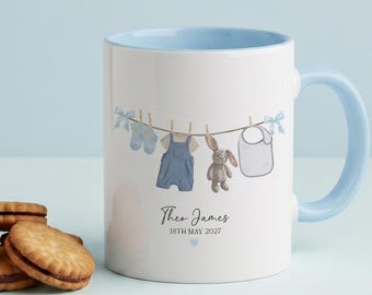 Personalised Baby Boy Washing Line Mug, Coaster, Gift For New Parents,  Pregnancy Reveal Gift, Pregnancy Announcement, New Parents Gift