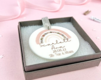 Personalised Pink Rainbow Ceramic Keepsake, Custom Name Ornament, New Baby Gift, Newborn Gift, Birth Details, Gift for New Parents