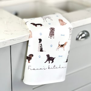 Dogs Personalised Tea Towel, Customised Name Kitchen Towel, Gift for Friend, Bridesmaid Gift, Mothers Day, Gift for Her, Dog lover image 2