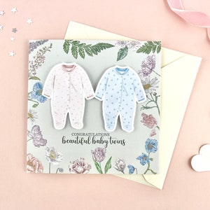 Carte de bébé jumeau, carte de nouveau bébé 3D, carte de jumeaux nouveau-nés, bébé fille, bébé garçon, illustration de croissance de bébé, annonce de naissance florale, félicitations