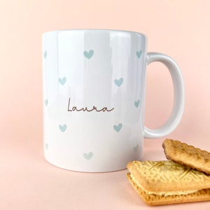 Blue Love Hearts Personalised Mug, Custom Name Mug, Customised Coffee Cup, Gift for Friend, Bridesmaid Gift, Tea Lover Gift