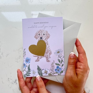 Welpe Hund mit Liebe Herz Geburtstag Überraschung Scratch Off Karte, Floral illustrierte Karte, alles Gute zum Geburtstag, Geburtstagskarte für sie, Hundeliebhaber