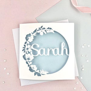 Personalised Floral Wreath Papercut Name Card, Birthday Card For Her, Thank You Card, Wedding / Anniversary Gift, Engagement, Valentine's