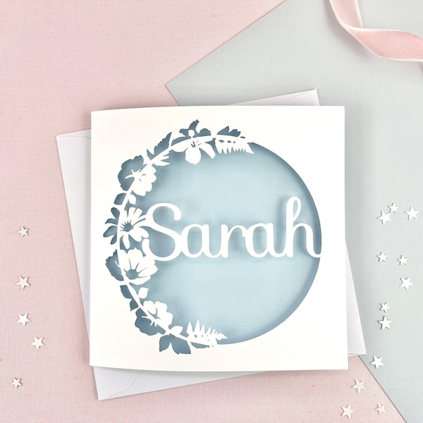 Personalised Floral Wreath Papercut Name Card, Birthday Card For Her, Thank You Card, Wedding / Anniversary Gift, Engagement, Valentine's