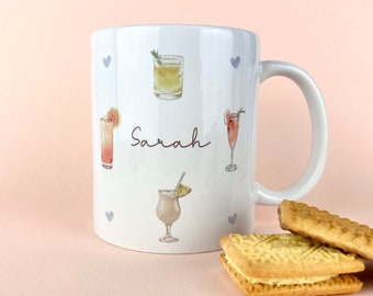 Cocktails Personalised Mug, Drink Custom Name Mug, Customised Coffee Cup, Gift for Friend, Bridesmaid Gift, Tea Lover Gift