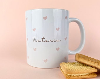 Pink Love Hearts Personalised Mug, Custom Name Mug, Customised Coffee Cup, Gift for Friend, Bridesmaid Gift, Tea Lover Gift