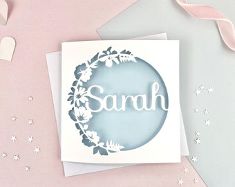 Personalised Floral Wreath Papercut Name Card, Birthday Card For Her, Thank You Card, Wedding / Anniversary Gift, Engagement, Valentine's