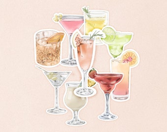 Cocktail Watercolour Vinyl Stickers, Drinks Sticker Pack, Cute Planner Stickers, Mojito, Cosmopolitan, Pina Colada, Mimosa Large Stickers