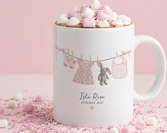 Personalised Baby Girl Washing Line Mug, Coaster, Gift For New Parents,  Pregnancy Reveal Gift, Pregnancy Announcement, New Parents Gift