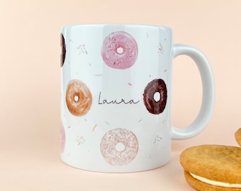 Donuts Personalised Mug, Custom Mug, Customised Name Coffee Cup, Gift for Friend, Bridesmaid Gift, Mother Gift for Her, Donut Lover Gift