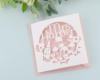 Gepersonaliseerde Floral Teacher Papercut Card, Teacher Bedankkaart, Onderwijsassistent, Hoofdleraar, Leraar Cadeau