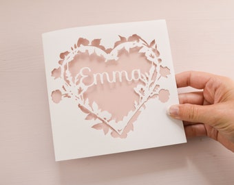Personalised Floral Love Heart Papercut Name Card, Wedding / Anniversary Gift, Birthday Card For Her, Thank You Card