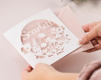 Carte de nom personnalisé Floral Wildflower Papercut, cadeau de mariage/anniversaire, carte d’anniversaire pour elle, carte de remerciement