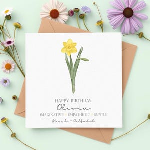 Personalisierte Narzisse März Geburtstagskarte, Aquarell Geburtstagskarte, Geburtsblumenkarte, personalisierte Geburtstagskarte für sie, sinnvolle Karte