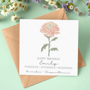 Personalisierte Chrysantheme November Geburtstagskarte, Aquarell Geburtstagskarte, Geburtsblumenkarte, personalisierte Geburtstagskarte für sie