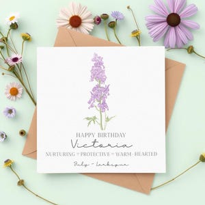 Personalisierte Rittersporn Juli Geburtstagskarte, Aquarell Geburtstagskarte, Geburtsblume Karte, personalisierte Geburtstagskarte für Sie