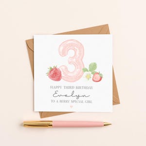 Personalised Strawberry Third Birthday Card, Watercolour Birthday Card, 3rd Birthday Card, Birthday Card For Girl, Age 3 Greeting Card