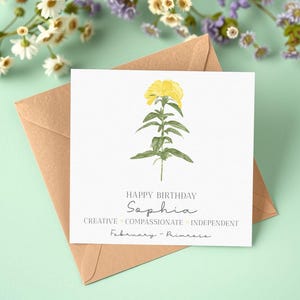 Personalisierte Primrose Februar Geburtstagskarte, Aquarell Geburtstagskarte, Geburtsblumenkarte, personalisierte Geburtstagskarte für sie, sinnvoll