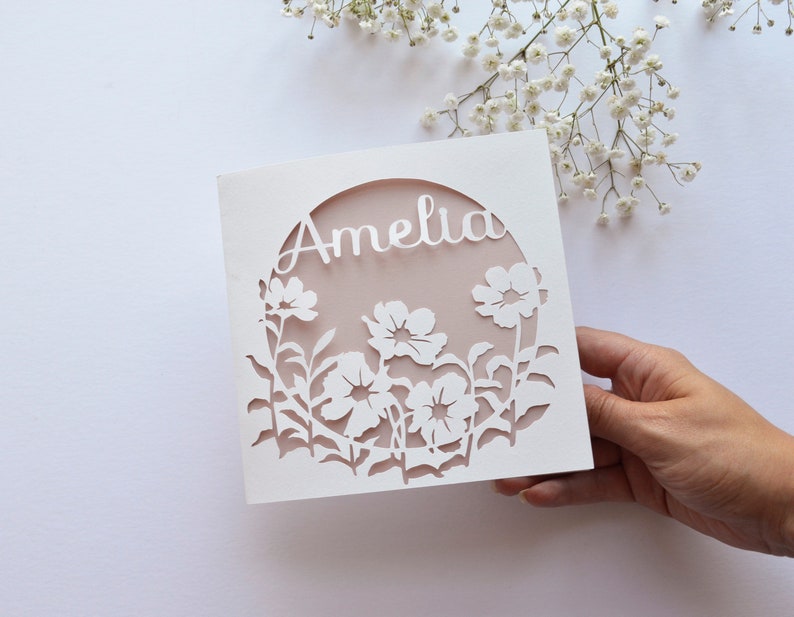 Personalised Floral Papercut Name Card, Wedding / Anniversary Gift, Birthday Card For Her, Thank You Card zdjęcie 1