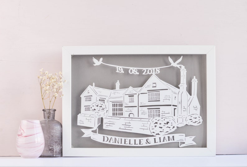 Personalised Wedding Venue Framed Papercut, Hand cut, Wedding Gift, Anniversary, First Paper Anniversary, Paper Cut, Handmade Present image 1
