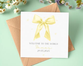 Personalised Yellow Bow Baby Card, Watercolour Baby Grow Card, Welcome to the World Card, Baby Girl, Personalised Newborn Baby Card