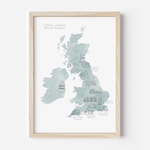 May include: A watercolour map of the United Kingdom with literary locations marked. The map is in shades of blue and green, with the names of the locations written in black.
