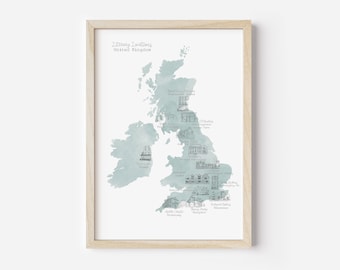 Literary Locations Writers Map Print, Jane Austen, Beatrix Potter, Agatha Christie, Oscar Wilde, Rudyard Kipling,J K Rowling,Book Lover Gift