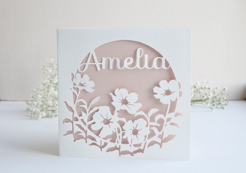 Personalised Floral Papercut Name Card, Wedding / Anniversary Gift, Birthday Card For Her, Thank You Card zdjęcie 2