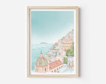 Amalfi Coast Positano Illustration Print, Italian Location Art Print, Destination Wall Decor, Travel Print, Italy, Watercolour Drawing