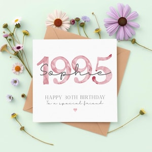 Carte personnalisée 30e anniversaire, carte d'année de naissance, carte 30e anniversaire fille, 30e anniversaire femme, carte trentième anniversaire, soeur, ami