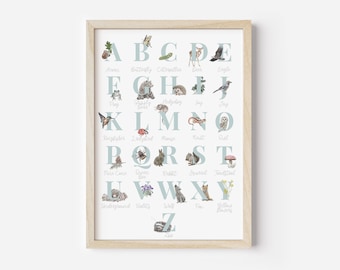 Alphabet Woodland Nursery Print, Animal Portrait Art, Neutral Nursery, Animals ABC Nursery Print, Woodland Alphabet Art