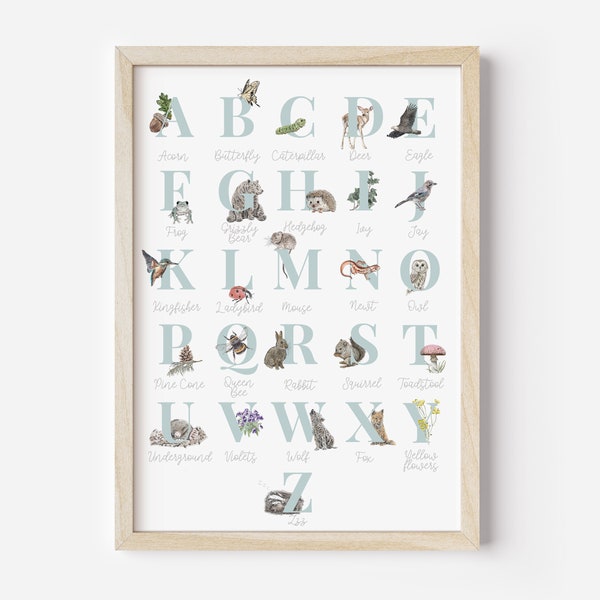 Alphabet Woodland Nursery Print, Animal Portrait Art, Neutral Nursery, Animals ABC Nursery Print, Woodland Alphabet Art