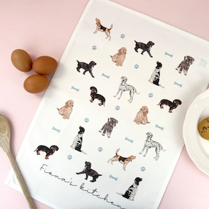 Dogs Personalised Tea Towel, Customised Name Kitchen Towel, Gift for Friend, Bridesmaid Gift, Mothers Day, Gift for Her, Dog lover image 1