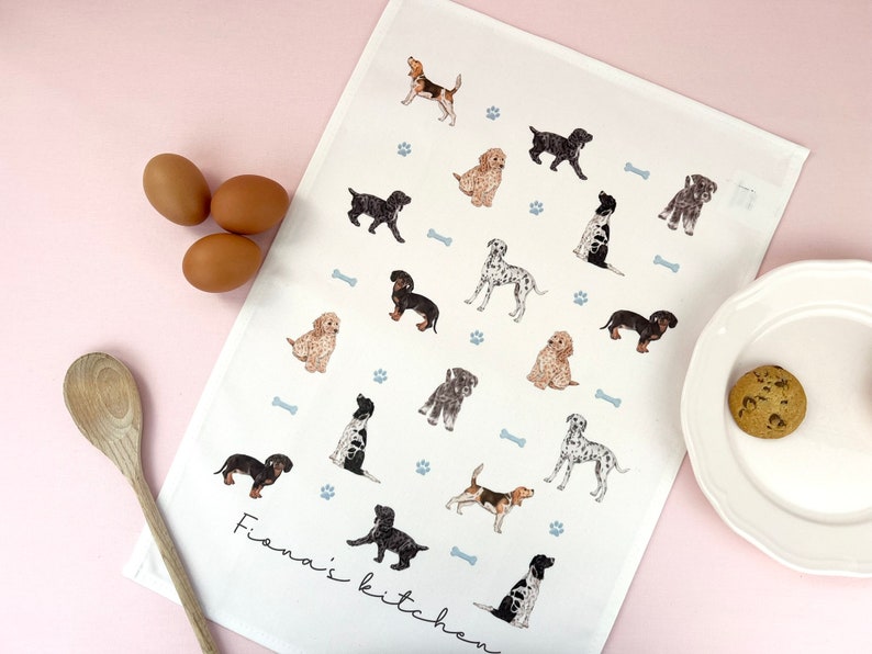 Dogs Personalised Tea Towel, Customised Name Kitchen Towel, Gift for Friend, Bridesmaid Gift, Mothers Day, Gift for Her, Dog lover image 1