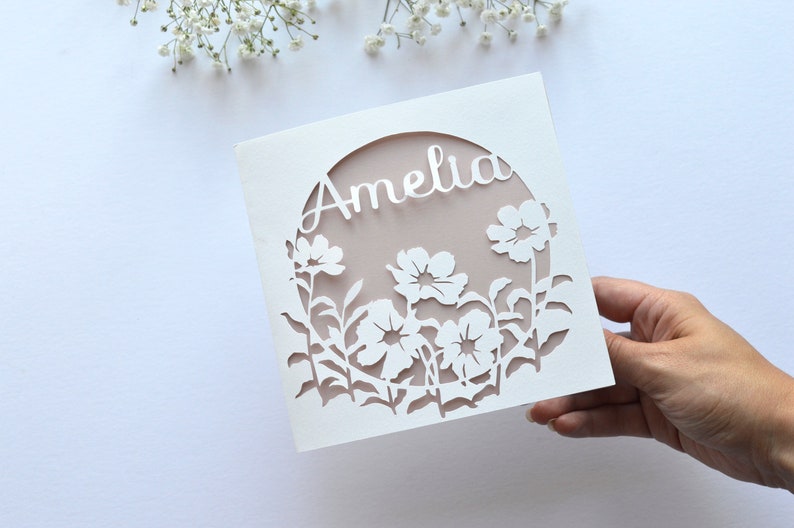 Personalised Floral Papercut Name Card, Wedding / Anniversary Gift, Birthday Card For Her, Thank You Card zdjęcie 6