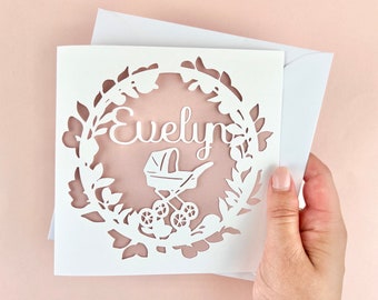 Personalised New Baby Card, Pram Personalised Name Card, Papercut Card, New Baby Girl Card, New Baby Boy Card, Welcome to the world