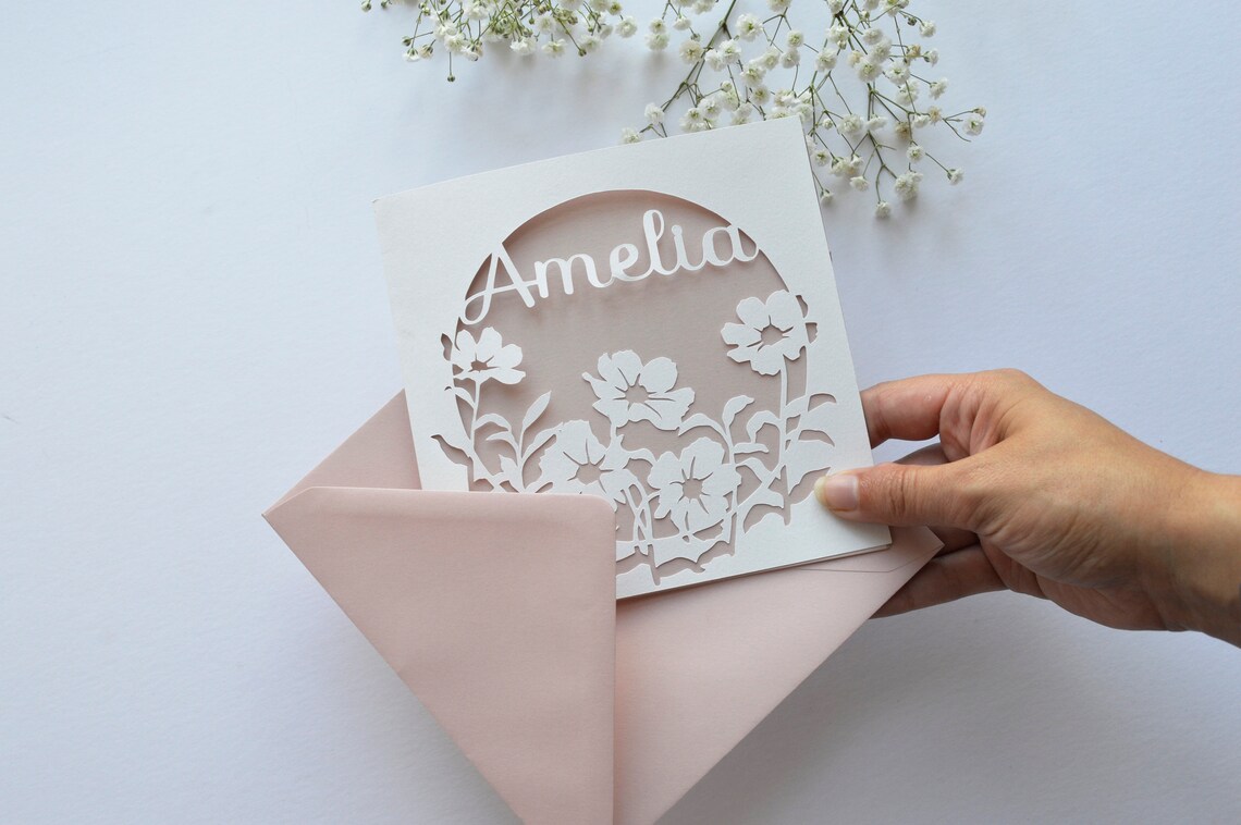 Personalised Floral Papercut Name Card Wedding / Anniversary Etsy