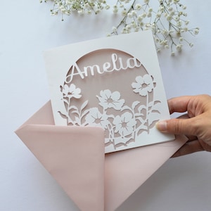 Personalised Floral Papercut Name Card, Wedding / Anniversary Gift, Birthday Card For Her, Thank You Card zdjęcie 3