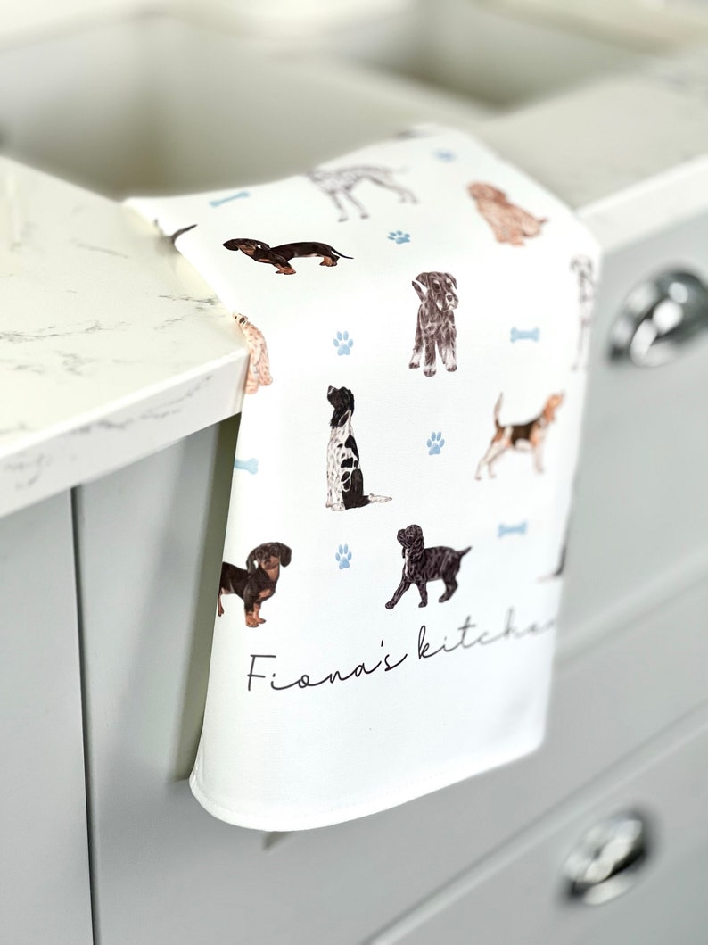 Dogs Personalised Tea Towel, Customised Name Kitchen Towel, Gift for Friend, Bridesmaid Gift, Mothers Day, Gift for Her, Dog lover image 3