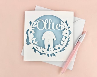 Personalised New Baby Card, Personalised Name Card, Baby Grow Papercut Card, New Baby Girl Card, New Baby Boy Card, Welcome to the world